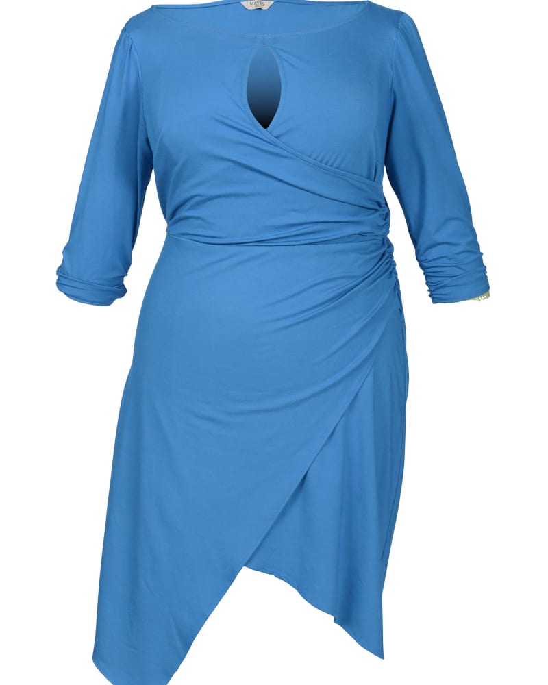 Front of a size S (14/16) Lina Keyhole Ruched Waist Dress in Blue by MAYES NYC. | dia_product_style_image_id:250911